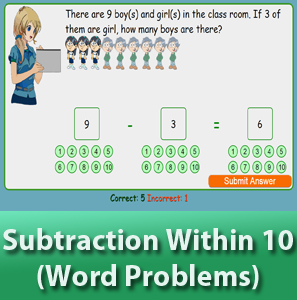 online math worksheets - Subtraction within 10 (Word Problems)