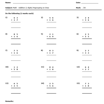 Addition Math Worksheet 2 digit with regrouping on one place