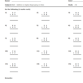 Addition Math Worksheet 2 digits with regrouping on one and ten place