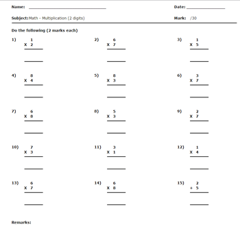 Multiplication Math Worksheet 1 Digit