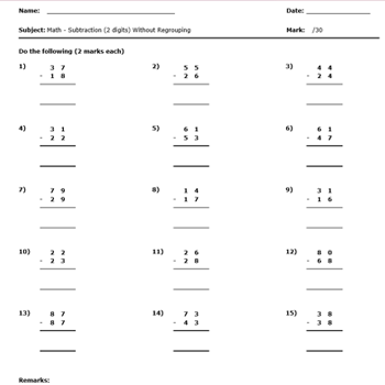 Subtraction Math Worksheet 2 digits with regrouping